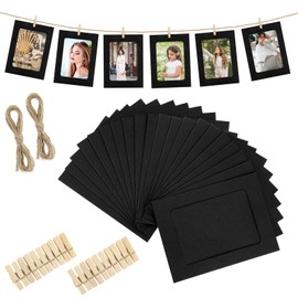 20 Pcs Paper Photo Frames, Paper Picture Frames Kraft Paper Picture Frames Hanging Photo Display Banner With Wooden Clips And String Diy Picture Frames For Wedding Party Classroom Wall Decor (Black)