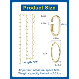 Kofuyni 6FT Elegant Gold Finish Chandelier Chain, Adjustable 72 Inches Pendant Light Fixture Metal Chain with 2 Detachable Link, Decorative Light Chain for Hanging Plants, Baskets, Bird Feeders, Lamps