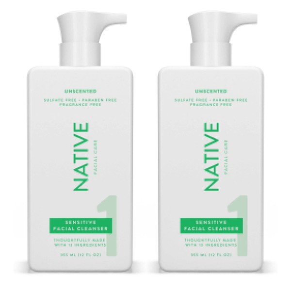Native Sensitive Face Wash, Facial Cleanser with Aloe and Vitamin B3, Daily Face Cleanser for Sensitive Skin, 2-Pack, 12Fl Oz