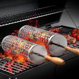 Rolling Grill Basket for Outdoor Grill, BBQ Cage for Vegetable/Veggies 2pcs