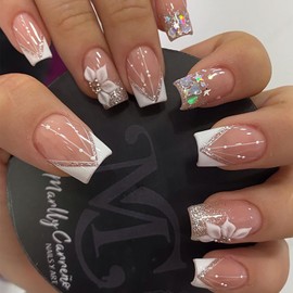 V French Tips Press on Nails Short Square Fake Nails Flower Acrylic Nails White False Nails with Rhinestones Star Glitter Design Glossy Geometric Nude Glue on Nails for Daily Wear Nail Art Decorations