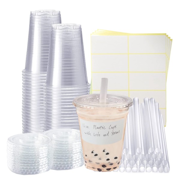 Xlong 50 Sets Clear Plastic Cups With Flat Lids,16oz Disposable