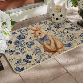 Artoid Mode Rabbit Bunny Blue Porcelain Flowers Bow Easter Doormat, Home Decor Low-Profile Switch Rug Door Mat Floor Mat for Indoor Outdoor 17x29 Inch