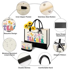 Teacher Appreciation Gifts - Large Canvas Tote Bags with Makeup Bag for Women, Perfect for Teacher's Day or Graduation