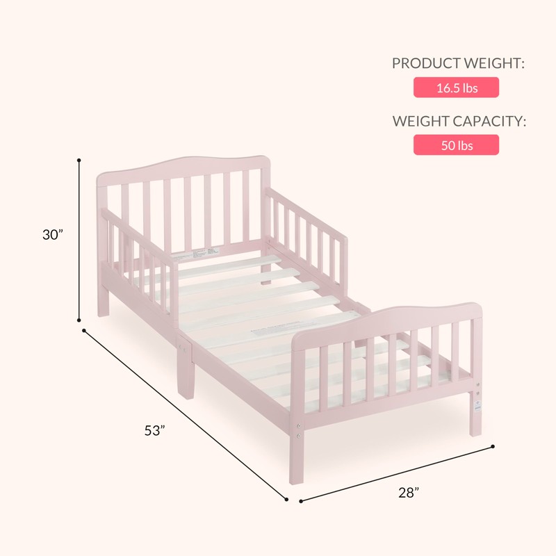 Dream On Me Classic Design Toddler Bed in Pink, Low-to-Floor