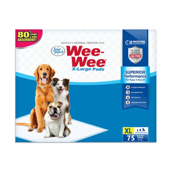 Four Paws Wee-Wee Superior Performance X-Large Dog Pee Pads - Dog & Puppy Pads for Potty Training - Dog Housebreaking & Puppy Supplies - 28" x 34" (75 Count),White