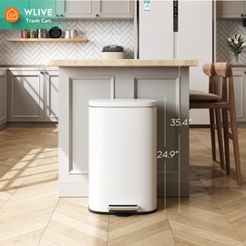 WLIVE 13 Gallon Stainless Steel Trash Can with Inner Bucket, Kitchen Garbage Can with Lid, 50L Soft Close Step Trash Can with Metal Foot for Home, Kitchen, Laundry Room, Office, White