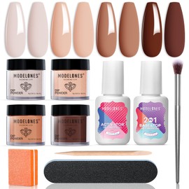 Modelones 10 Pcs Dip Powder Nail Kit Starter, 4 Colors Brown Nude Skin Tones Neutral Dipping Nails Kit with 15ml Base Top Coat Activator Liquid Set and Nail Tools, Essential Dip System Kit No Lamp Needed Saving Time DIY Manicure Salon