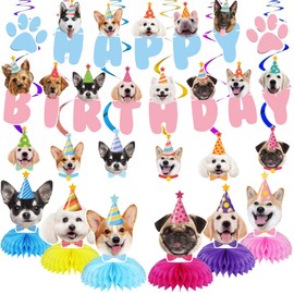 GOYOSWA Dog Birthday Party Supplies, Dog Party Decorations Dog Themed Birthday Party Supplies Includes 1 Birthday Banner, 6 Dog Honeycomb Centerpieces, 6 Hanging Swirls with 6 Dog Cutouts Decorations