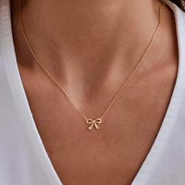 HANLI Gold Pendant Trendy Necklaces for Women - Dainty 14K Gold Plated Bow Necklaces Jewelry Simple Womens Necklace