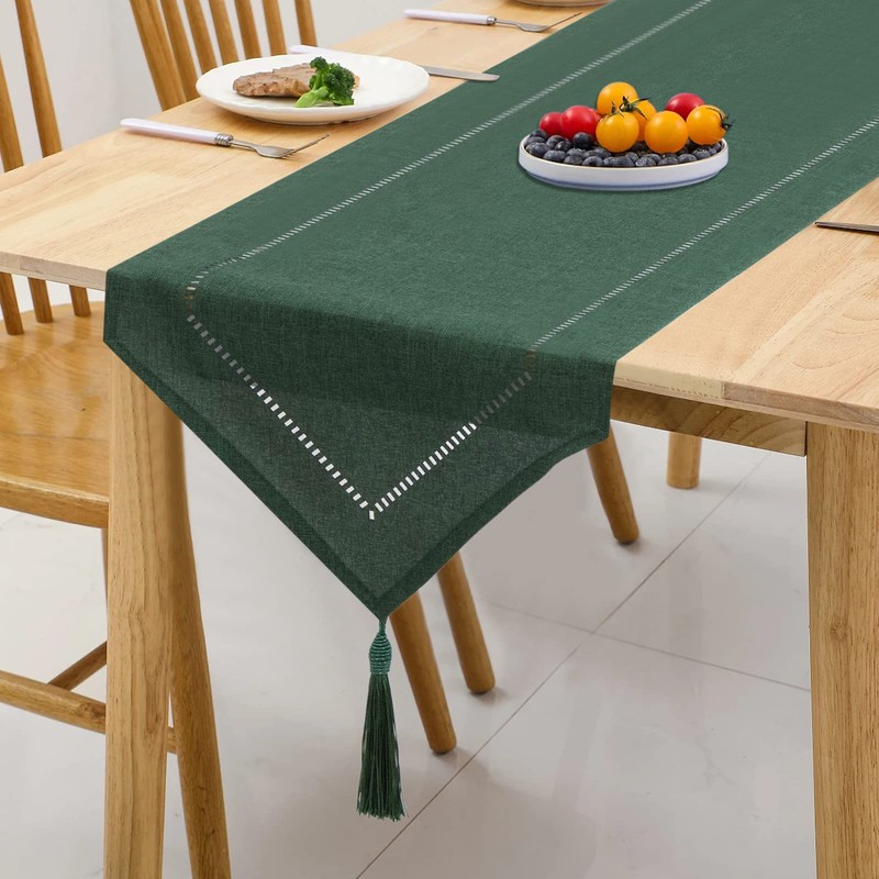 SANLEHAUSE Linen Table Runner, Dark Green, 32 x 180 cm,