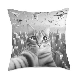Cat Taking a Selfie With Drones Funny City Kitty UFO Throw Pillow