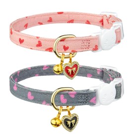 2 Pack Cotton Breakaway Cat Collar Pink and Gray Heart Shaped Pendant Cute Kitten Cat Collar with Bell