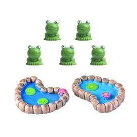 Acxico 7Pcs Cute 5 Frog and 2 Lotus Pond Miniature Landscape Ornaments DIY Accessories Resin Fairy Garden Craft Decoration