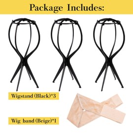 CLASSE Wig Stands, Wig Head Stand, 3 Packs, 13.3inches, Black, With a wigband(beige), for multiple Wigs and Hats, Wig Holder, wig rack, For Travel ,Display, wig styling