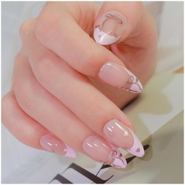 GALSPRO Short Press on Nails - Set of 24 Fake Nails with Designs in 12 Different Sizes for Perfect Fit, Cute False Nails Kit for Women with 0.07oz Nail Glue (PRETTY IN PINK ALMOND SHAPE, Short)