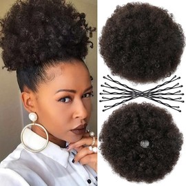 SAISIFEN Afro Puff Drawstring Ponytail with Clip on for Black Women Bun Afro Curly Hair Pieces with 10 pcs Hair Pins (Diameter 8 Inch, #2 Dark Brown)
