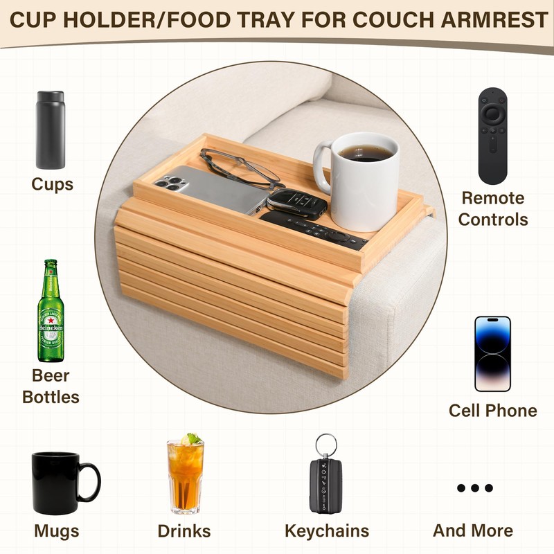 YUBAMIN Bamboo Sofa Arm Tray, Anti-Dropping Couch Arm Tray, Foldable