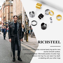 Black Mens Ring Set 5mm/10mm/17mm Wide Adjustable Stackable Rings Stainless Steel Hip Hop Jewelry