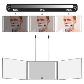OLIBUY 3 Way Mirror with LED for Hair Cutting,Tri-fold Mirror for Shaver and Makeup,Adjustable Telescoping Hooks-with LED Version