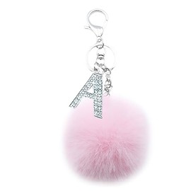 Xsclpomddy Silver Alphabet Keychain Artificial Fur Pink Pom Pom Rhinestone Crystal Letter Key Rings for Women,pink A