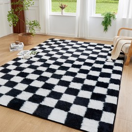 Andency 3x5 Ft Black and White Area Rug for Living Room Classic Checkered Shaggy Rug Non-Slip High Pile Soft Fluffy Rug Fuzzy Carpet Bedroom Kids Toddler Room Nursery Playroom, Cute Dorm Home Decor