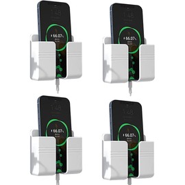 Wall Mount Phone Holder Self Adhesive Phone Stand with Data Cable Receiving Hole, Charger Remote Control Storage Box for Bedroom, Kitchen, Bathroom, Office (Pack of 4 White)