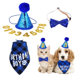 Hunde Geburtstag Hut Bandana Set, Hunde Geburtstag, Inklusive Mütze, Lätzchen, Fliege und 10 Glänzenden Zahlen. Verstellbares Design, Passend für die Meisten Haustiergrößen