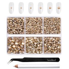 Beadsland 4300pcs Flatback Rhinestones,Gold Rhinestones Nail Gems Round Crystal Rhinestones for Crafts,Mixed 6 Sizes with Picking Tweezers and Wax Pencil Kit, SS6-SS20,Golden Shadow