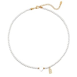 Casxyue Pearl Necklace Initial A-Z Heart Pendant Necklace For Women Girls Round Imitation Pearl Choker Necklace Wedding Bridesmaid Bridal Pearl Jewellery Birthday Christmas Gifts (B)