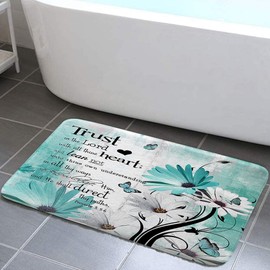 Rustic Farmhouse Farm Teal Daisy Bible Verse Inspirational Motivational Quote Bath Rugs for Bathroom, Country Turquoise Blue Non Slip Flannel Bathroom Rug, Dry Fast Water Absorbent Bath Mats,17x29