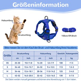 Grantop Adjustable Cat Harness, Escape-Proof Cat Harness with Lead Set, Soft Harness for Cats, Kittens, Dogs, Puppies, Deep Blue, M