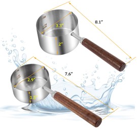 Kichwit Dog Food Scoop, 1 Cup and 1/2 Cup, 304 Stainless Steel Pet Food Scoop Measuring Cup with Wooden Handle, Set of 2