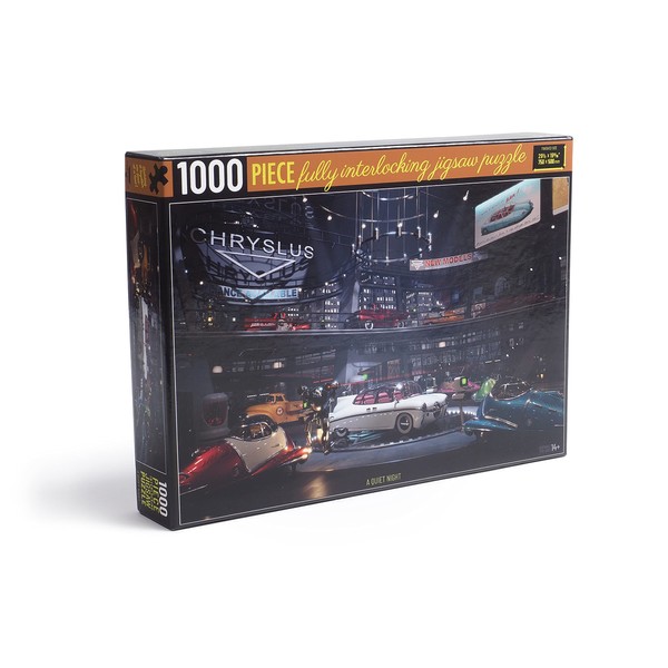 Fallout 1000-Piece Jigsaw Puzzle - A Quiet Night - Depicting The Chryslus Showroom After All The Hustle and Bustle, Full of automated sentries Guarding The New Chryslus Vehicles