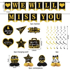 Trgowaul Black Gold Farewell Party Decorations Supplies, Black Gold We Will Miss You Banner, Farewell Decorations Party, We Will Miss You sash&cake topper, Going Away Retired Hanging Decoration Set