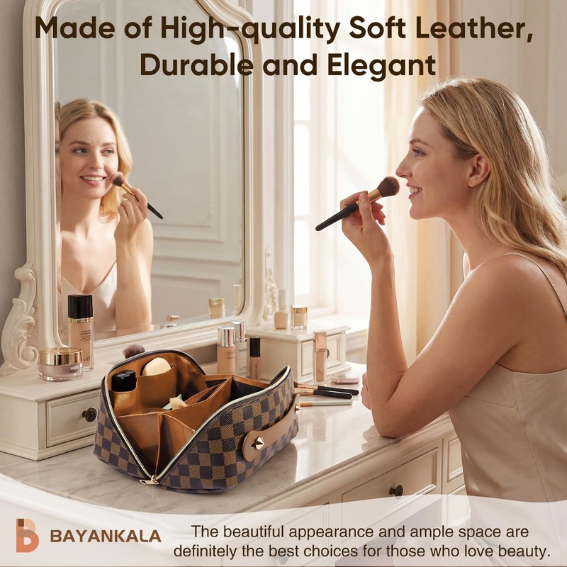 BAYANKALA Leather Travel Makeup Bag, Large Capacity Cosmetic Bag for