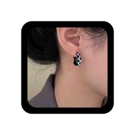Iaceble Minimalist Checkerboard Hoop Earrings Black White C Shape Earrings Acrylic Checkerboard Earrings Grid Checkered Huggie Hoop Earrings Jewelry For Women