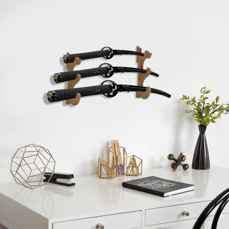 Suerhatcon 3-Tier Sword Stand Wall, Wooden Sword Holder Katana Wall
