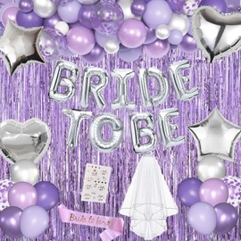 Lavender Bachelorette Party Decorations Set- Purple Bridal Shower Decorations Engagement Wedding Party Decor with Bride To Be Sash, Veil, Temporary Tattoos, Confetti Balloons Pack and Fringe Curtain