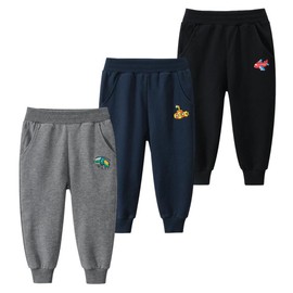 Toddler Boys 3 Pack Cotton Active Jogger Pants, Kids Cartoon Sweatpants Casual Lounging Bottoms, Bus+ Submarine+ Plane 5-6T