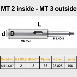 LEPEVNEY Morse Taper MT2-MT3 Diameter 36 mm Length 196 mm Extension Sleeve Drill Chuck Sleeve Adapter 2MT 3MT