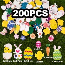 Pack of 200 Easter Stickers, Foam Easter Stickers, Glitter Easter Stickers, Easter Eggs, Flowers, Rabbits, Chicks, Easter Stickers for Children, DIY Crafts, Party Bags, Easter Party Decoration