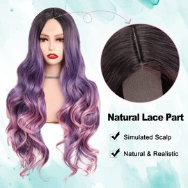 WIGNEE 26 Inches Purple Wig Dark Root to Purple and Pink Wig Long Wavy Synthetic Lace Part Wig 3 Tone Ombre Purple Wigs for Women