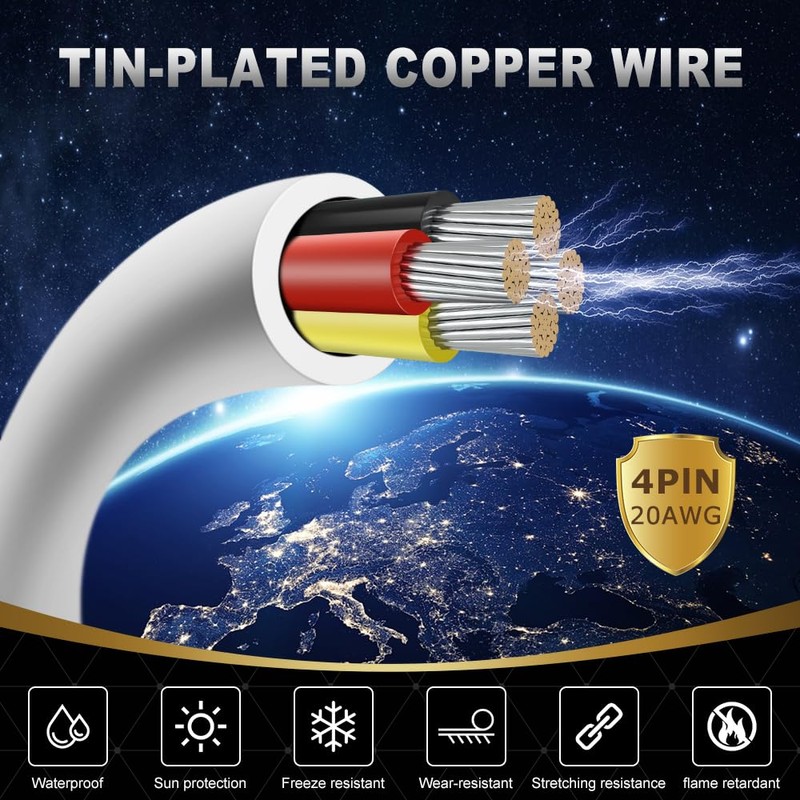 20 Gauge 4 Conductor Electrical Wire, 32.8FT White Stranded Low