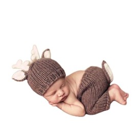 Brown Deer Set Baby Clothes Velvet Knitting Photography Props Newborn Crochet Outfit Photography Prop Newborn Prop (0-6M)