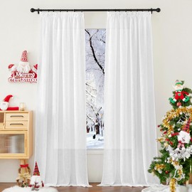 Pony Dance Net Kitchen Curtains, Modern White Curtains with Ruffle Tape, Linen-look Curtains, White, Semi-Transparent Bistro Curtains, Set of 2, H 137 x W 140 cm