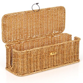 Cable Management Box, Handwoven Faux Rattan Cord Organizer Box with Lid, 2 Open Slots Cable Organizer Box, Decorative Cord Hider Box for Tv Computer USB Hub & Power Strip Holder Box