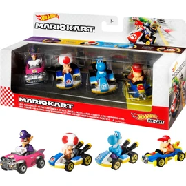 Hot Wheels Mario Kart Toy Vehicle 4-Pack, Collectible Set of 4 Fan-Favorite Characters Includes First-Appearance Diddy Kong in Mach 8