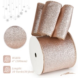 DINDOSAL Rose Gold Glitter Wired Ribbon 4" x 10 Yards Sparkling Rose Gold Christmas Tree Ribbon for Bows Making, Wreaths and Garlands, Home Decor, Gift Wrapping, Swag, Front Porch, Mailbox