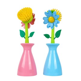 JANKOW Long Handle Flower Pot Brush, Florganic Dish Brush with Vase, Long Handle Dish Brush Kitchen, for Cleaning Pot Pan Sink Kitchen Supplies Decorative Vase (2 Pcs Blue, Pink)